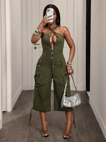 BamGleam Women's Street Fashion Pocket Denim Jumpsuit - Army Green - View 5