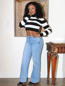 Steph T 秋冬双色立领短款毛衣、长袖上衣 - 黑與白 - 查看 4