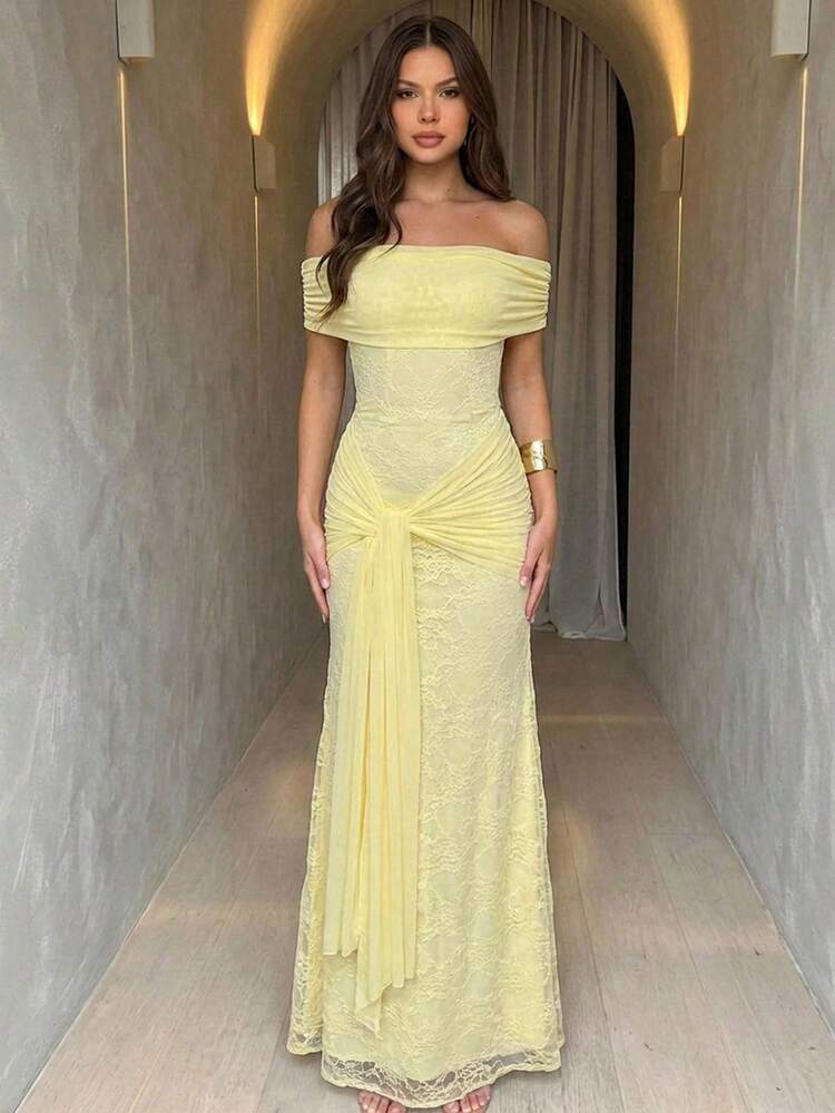 Aloruh Women's Pastel Yellow Elegant Romantic Lace Off Shoulder Tie-Front Mesh Maxi Dress Summer Wedding Cocktail Mother Of The Bride Party Formal Birthday