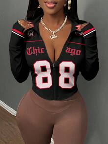 Slaydiva Y2K休闲极简运动街头风机场派对T恤，数字88和英文字母图案，修身长袖拉链高领T恤，适合夏季穿着 - 彩色 - 查看 3