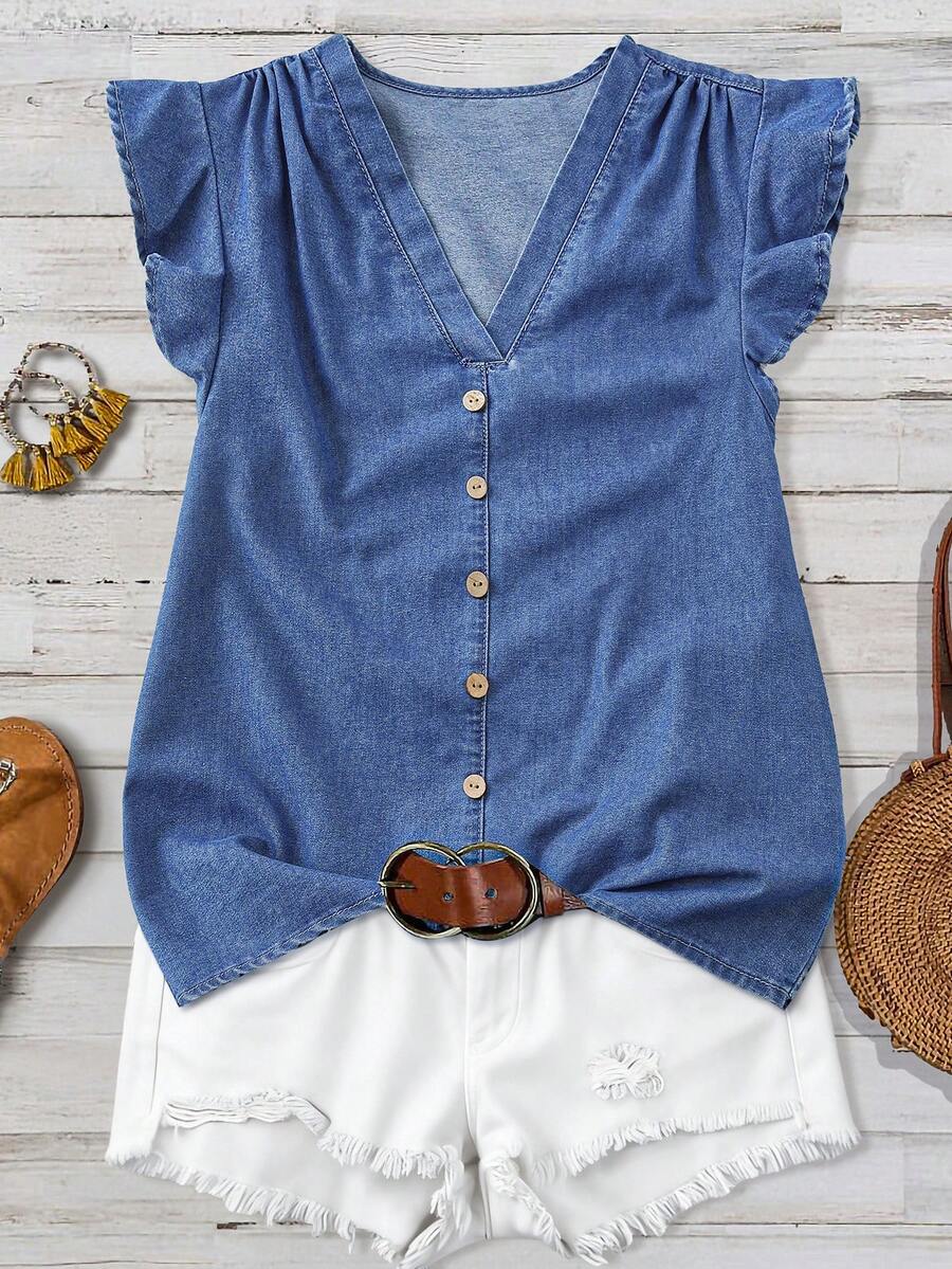 Rusticease Playful Ruffle Sleeve Washed Denim Shirt - Blue - View 1