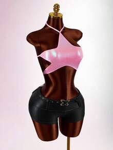 Amplova Women's Sexy Backless Star Print Top, Shiny Pink Fabric, Suitable For Music Festivals, Cute & Sexy - Pink - View 10