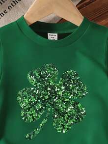 St. Patrick's Day Glitter Four-Leaf Clover Pattern Pullover T-Shirt, Green Short Sleeve Crew Neck Casual Spring/Summer Tops, Machine Washable - Green - View 6