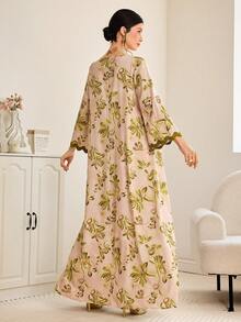 Al Najma 女士V领宽松系带长款复古阿拉伯风格连衣裙，夏季 - 彩色 - 查看 5