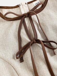 Firerie Kids 少女新款圆领镂空撞色系带腰侧荷叶边下摆无袖褶皱连衣裙，后背拉链，时尚、年轻、优雅、百搭，收腰设计，适合春、夏、秋、冬四季穿着。 - 杏色 - 查看 4