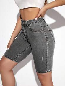 Flexra Quần short denim dáng ôm, màu trơn, túi xéo, kiểu dáng thường ngày, đa năng. - Xám - Xem 7
