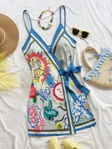 Soleia Women's Vacation Sun Face Print Tie Waist Cami Mini Dress - Multicolor - View 1