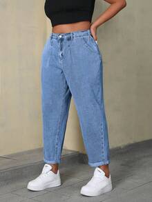 SHEIN ICON Jeans sueltos y casuales de unicolor talla grande con bolsillos, versátiles para uso diario - Lavado ligero - Ver 1