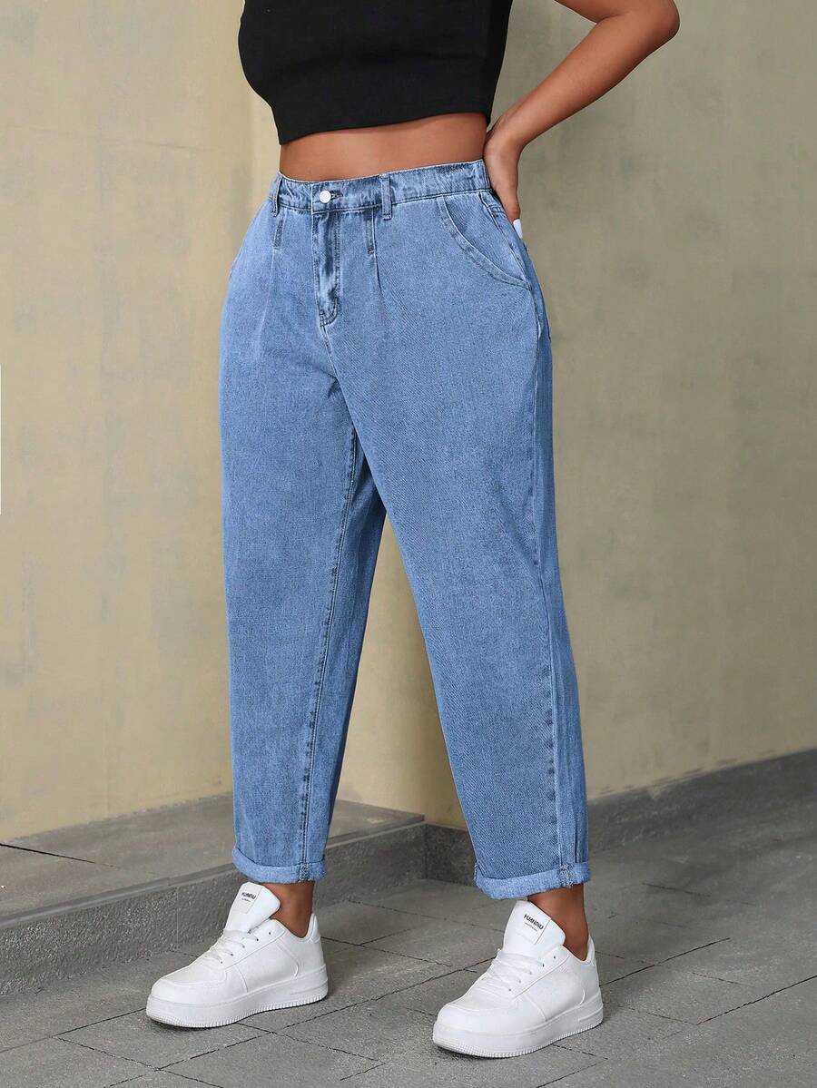 SHEIN ICON Jeans sueltos y casuales de unicolor talla grande con bolsillos, versátiles para uso diario - Lavado ligero - Ver 1