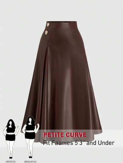 SHEIN PETITE CURVE Plus Size Short Brown Leather Skirt, Elegant Waist-Cinched Fitted Skirt With Gold Decorative Buttons For Women