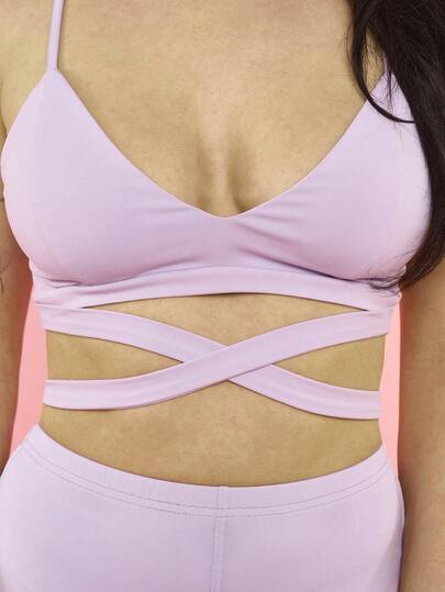 OverBlushhh Women's Lilac Wrap Sports Bra Crop Top V Neck Adjustable Tie Back Stretch Sexy, Dance Heels, Workout, Festival, Party, Summer Top, Activewear, Spring