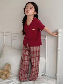 DAZY Young Girl Letter Print Short Sleeve Top And Plaid Pants Pajama Set - Red - View 1