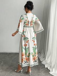 Al Najma Women's V-Neck Ruffle Hem Printed 3/4 Sleeve A-Line Dress - Multicolor - View 2