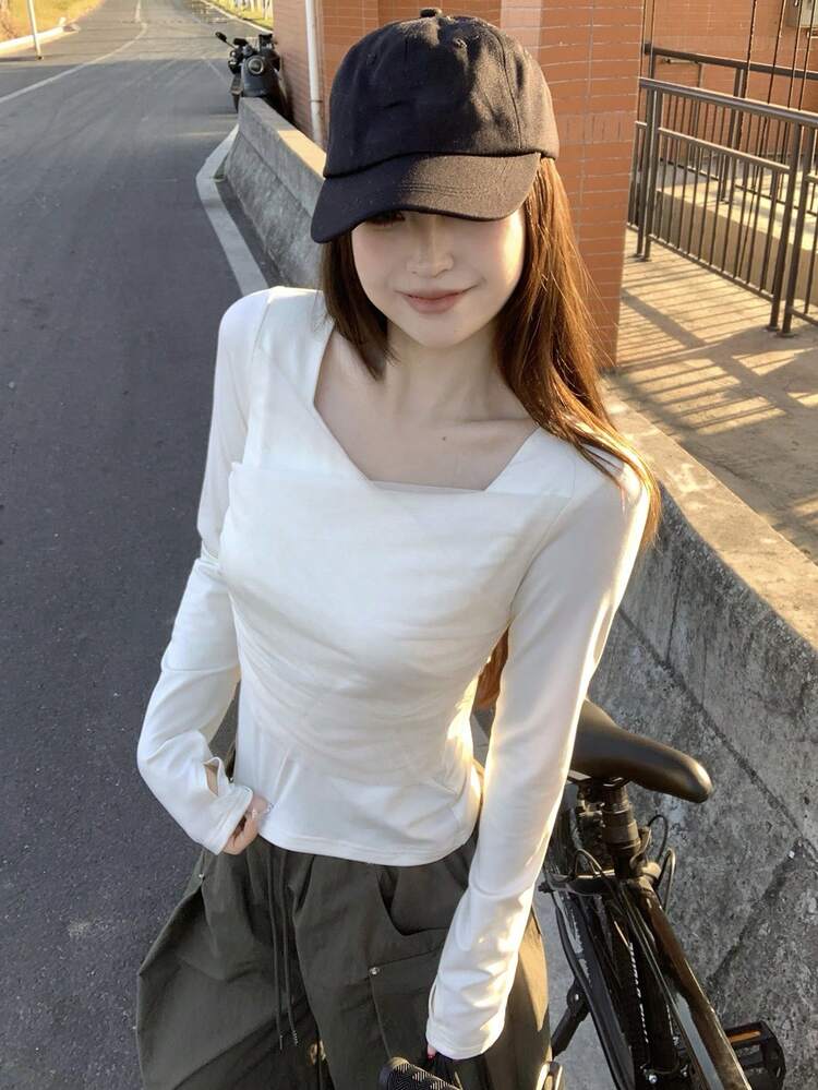 Teen Girls' Solid Color Regular Shoulder Long Sleeve Casual Daily T-Shirt