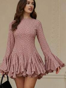 Aveloria Rosie Đầm dài tay xếp tầng họa tiết chấm bi màu nước thời trang, kiểu dáng châu Âu, thích hợp cho mùa thu/đông. - Hồng - Xem 4