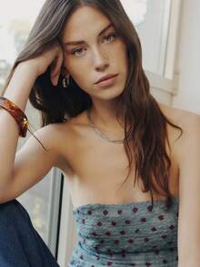 Nöista Sleeveless, Bandeau Top A Textured Blue Fabric With Burgundy In Polka Dots Print. Spring, Summer, Woman. - Blue - View 5