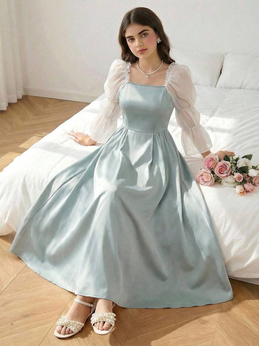 青少年女孩優雅淺青色夏季婚禮賓客禮服，泡泡袖V領A字長款公主裙，日常休閒淺藍色洋裝