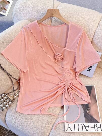 GlowEve CURVE Plus Size Women Crew Neck Drawstring Waist Embroidered Fitted Short Sleeve T-Shirt