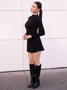 Andrea Bello Vestido Plissado Vermelho de Manga Longa Elegante, Minimalista, Delicado, Romântico, Doce, para Uso Diário, Casamento, Festa, Festival de Música, Férias - Preto - Visão 3