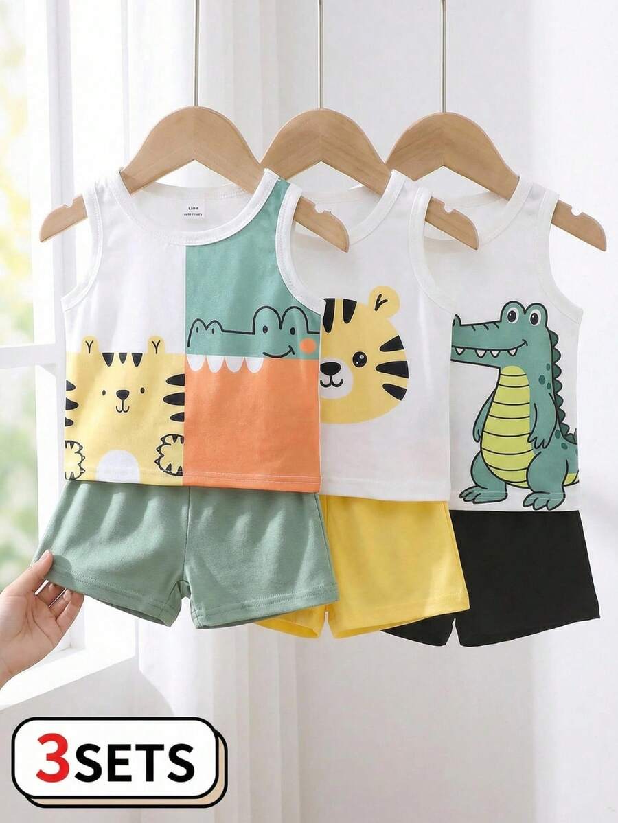 Playful Pals Bộ áo ba lỗ và quần short in hình động vật hoạt hình cho bé trai, thích hợp cho các hoạt động thường ngày, ngoài trời, thể thao và vui chơi, tiệc tùng và dã ngoại gia đình. - Nhiều màu - Xem 1