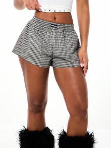 SUMWON WOMEN Checkered Pattern Relaxed Boxer Shorts With Drawstring Waist Summer Lounge Comfort Bottoms - Black - View 6