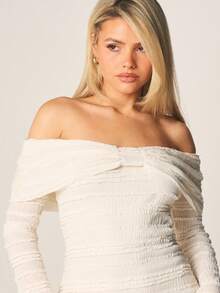 MISSGUIDED Vestido mini con hombros descubiertos, drapeado y mangas largas con textura recogida para fiestas y ocasiones de noche - Albaricoque - Ver 4