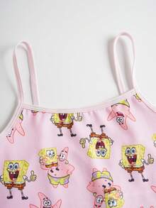 SpongeBob SquarePants | SHEIN Conjunto de 2 piezas de top de tirantes y shorts tipo bóxer con gráficos de dibujos animados lindos para niña - Amarillo - Ver 6