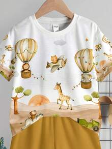 SHEIN Young Boy Casual White Summer T-Shirt Set,Cute Cartoon Animal World Pattern Print With Bear,Giraffe,Lion,Zebra,Monkey,Airplane,Hot Air Balloon,Car - Multicolor - View 4