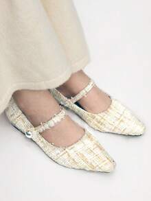 Mnmlis 女士新款灰色法式低跟尖头简约时尚羊毛玛丽珍鞋 - 米杏色2 - 查看 2