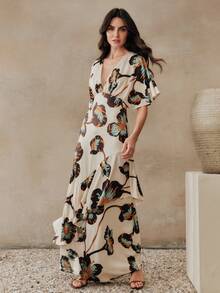 Anewsta Petite Spring/Summer Elegant Romantic Colorblock Ruffle Hem Waist-Defining Asymmetric Hem Slimming Vacation Style V-Neck Long Dress For Women, Elegant Dresses For Women, Spring Dresses, Floral Dresses For Women - Multicolor - View 3