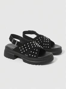 Sugerpunk Women's Silver Criss-Cross Strap Roman Sandals, Punk Riveted Platform Wedge Summer Beach Vacation Shoes - Black cloth - View 3