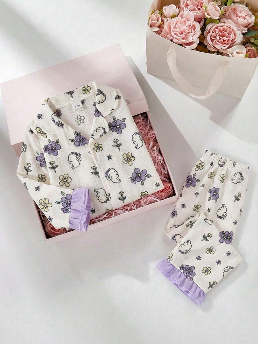 2pcs/Set Baby Girls' Long Sleeve Top And Pants, Purple Ruffle Hem Rabbit & Flower Pattern, Soft Woven Fabric Loungewear, Best Gift For Baby Girls - Multicolor - View 1