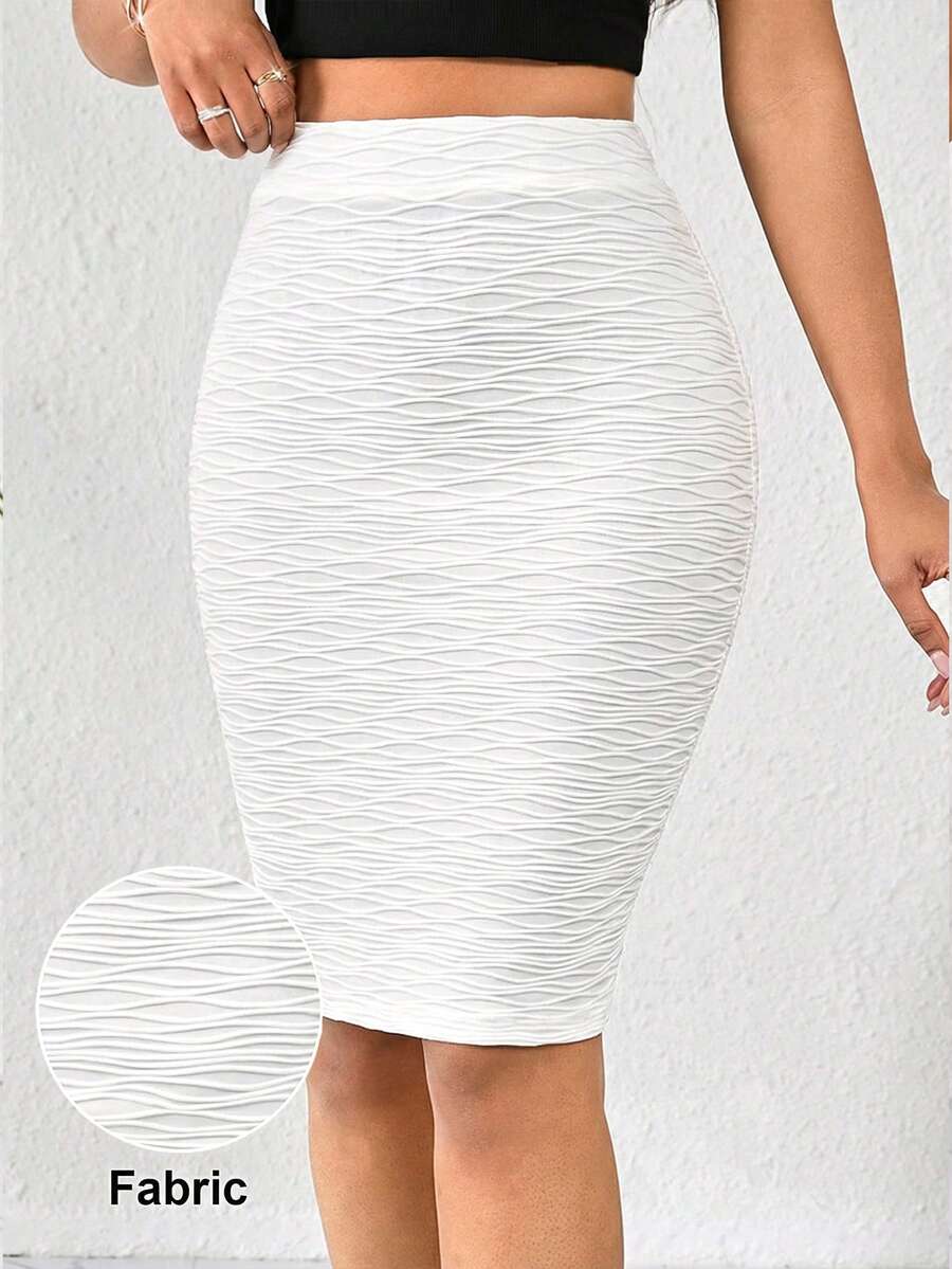 SHEIN Lady 女士纯色纹理面料修身简约设计百搭半身裙 - 米色 - 查看 1