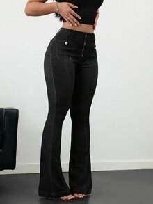 SHEIN PETITE CURVE Quần jean ống loe túi trước cài nút cỡ lớn cho nữ thường ngày mùa hè mùa thu mùa thu trở lại trường dễ thương phong cách thập niên 2000 Kawaii Y2k sân bay cho phụ nữ khiêm tốn tiền cũ Tulum giáo viên cho phụ nữ giáo viên cho phụ nữ quần jean xanh cổ điển quần jean ống loe quần jean ống loe - màu đen - Xem 4