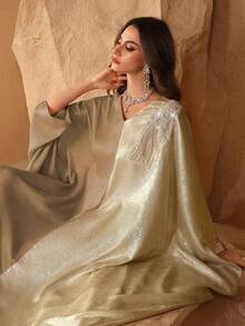 Al Najma 中东风格优雅蝙蝠袖拼接提花迪拜土耳其长袍，修身显瘦 - 卡其色 - 查看 7