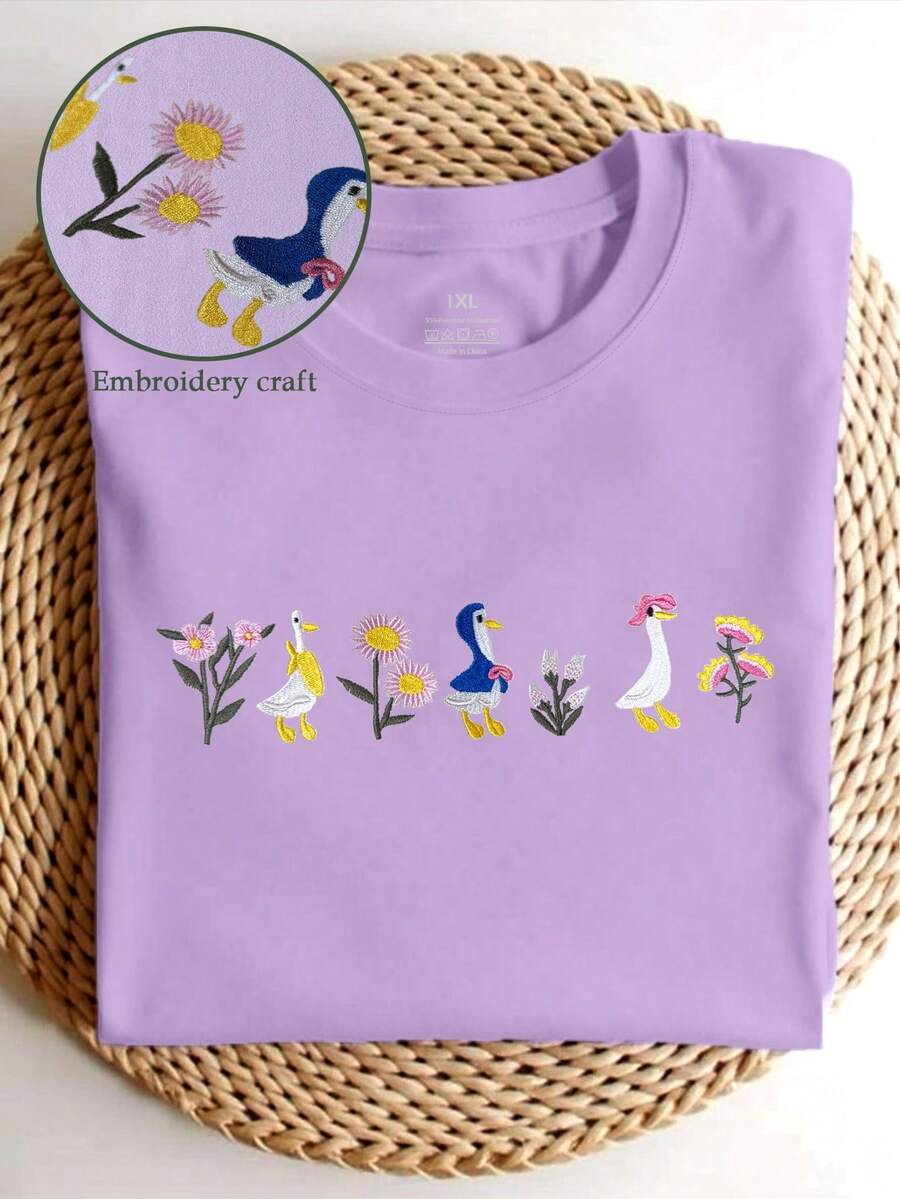EMERY ROSE 大码花卉刺绣鹅图案T恤 | 田园风鹅图案T恤 | 复古美学动物爱好者女士T恤 - 紫色 - 查看 1