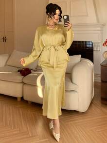DAZY Women's Elegant Solid Color V-Neck Belted Shirt & Skirt 2-Piece Set, Spring/Summer,Wedding Guest Dress Women - Yellow - View 5
