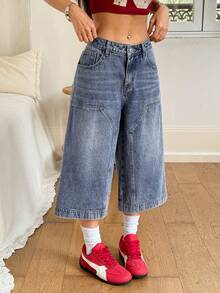 Rivivi 女士时尚休闲直筒七分牛仔裤 - 中等水洗藍 - 查看 4