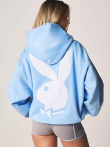 Missguided x Playboy 超大款印花套头连帽衫，带抽绳，胸前印花中央口袋，宽松版型长袖休闲卫衣 - 藍色 - 查看 3