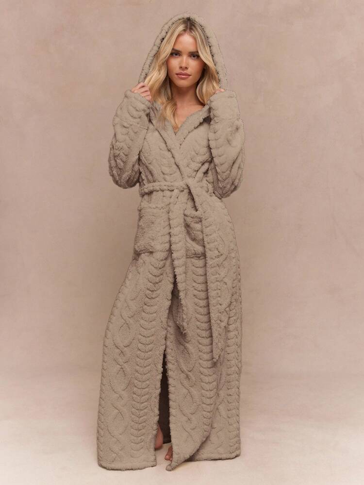 MISSGUIDED Roupão de Banho Longo de Luxo com Capuz, Macio e Aconchegante, Textura de Tricô Trançado, Roupa de Estar Quente de Inverno, Roupão de Spa de Comprimento Total com Cinto e Bolsos