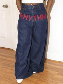 Steph T Women's Letter Print Pocket Wide Leg Loose Casual Jeans - Dark Wash - View 5