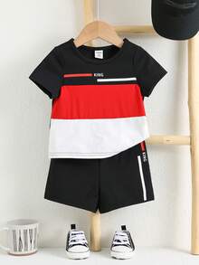 SHEIN 2件套幼儿男童休闲撞色短袖T恤短裤套装，男婴服装，街头风，春夏款 - 紅色 - 查看 4