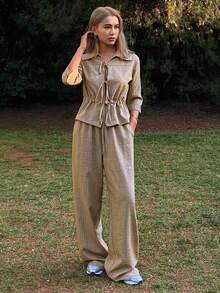 Livesso 2pcs Women Casual Collared Tie-Waist Top And Pants Set - Khaki - View 1