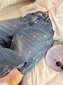 DAZY Tween Girls' Pocket Button Heart Print Casual Versatile Daily Wear Wide Leg Jeans - Light Wash - View 7