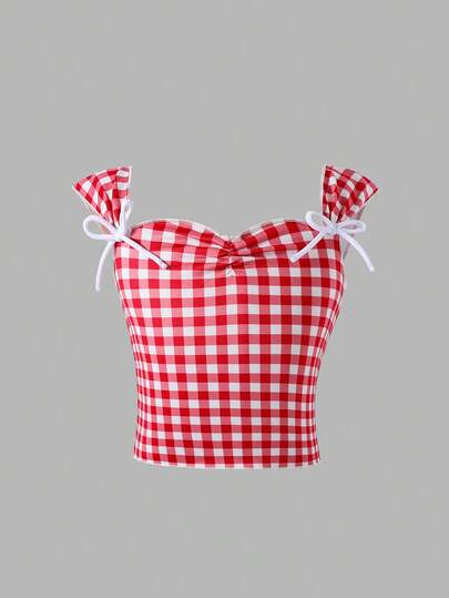 SHEIN Young Girl Knitted Plaid Bow Decor Camisole Checkered Tube Top Gingham Tube Top Strapless Checkered Top Red Gingham Top Red And White Top