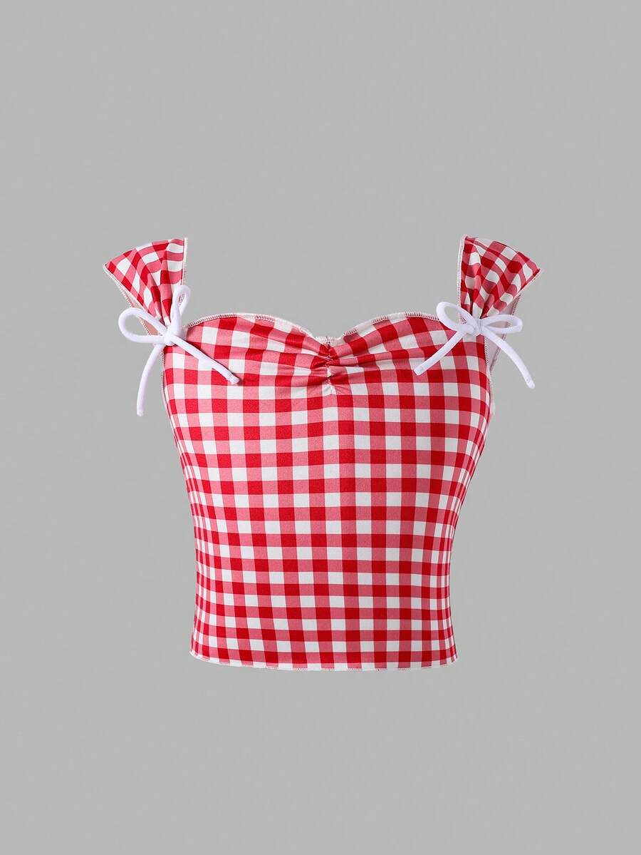 SHEIN Áo hai dây đan họa tiết kẻ caro cho bé gái - Đỏ và trắng - Xem 1