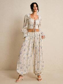 Poéselle Women's Casual Vacation Floral Print Keyhole Neck Ruffle Sleeve Tie Front Crop Top, Spring/Summer - Baby Blue - View 6