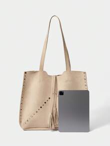 SHECARRY Ladies Large Capacity Suede Rivet Trim Shoulder Tote Bag - Apricot - View 3