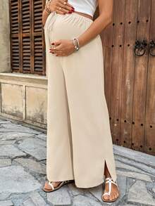 SHEIN Maternity Solid Color Adjustable Waist Wide Leg Loose Casual Pants - Khaki - View 4