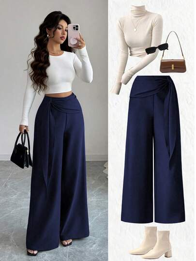 Elenzga New Women's Woven Twill Side Zipper Belt Flared Design Spring/Autumn Casual Elegant Wide Leg Pants, Versatile For Daily Wear